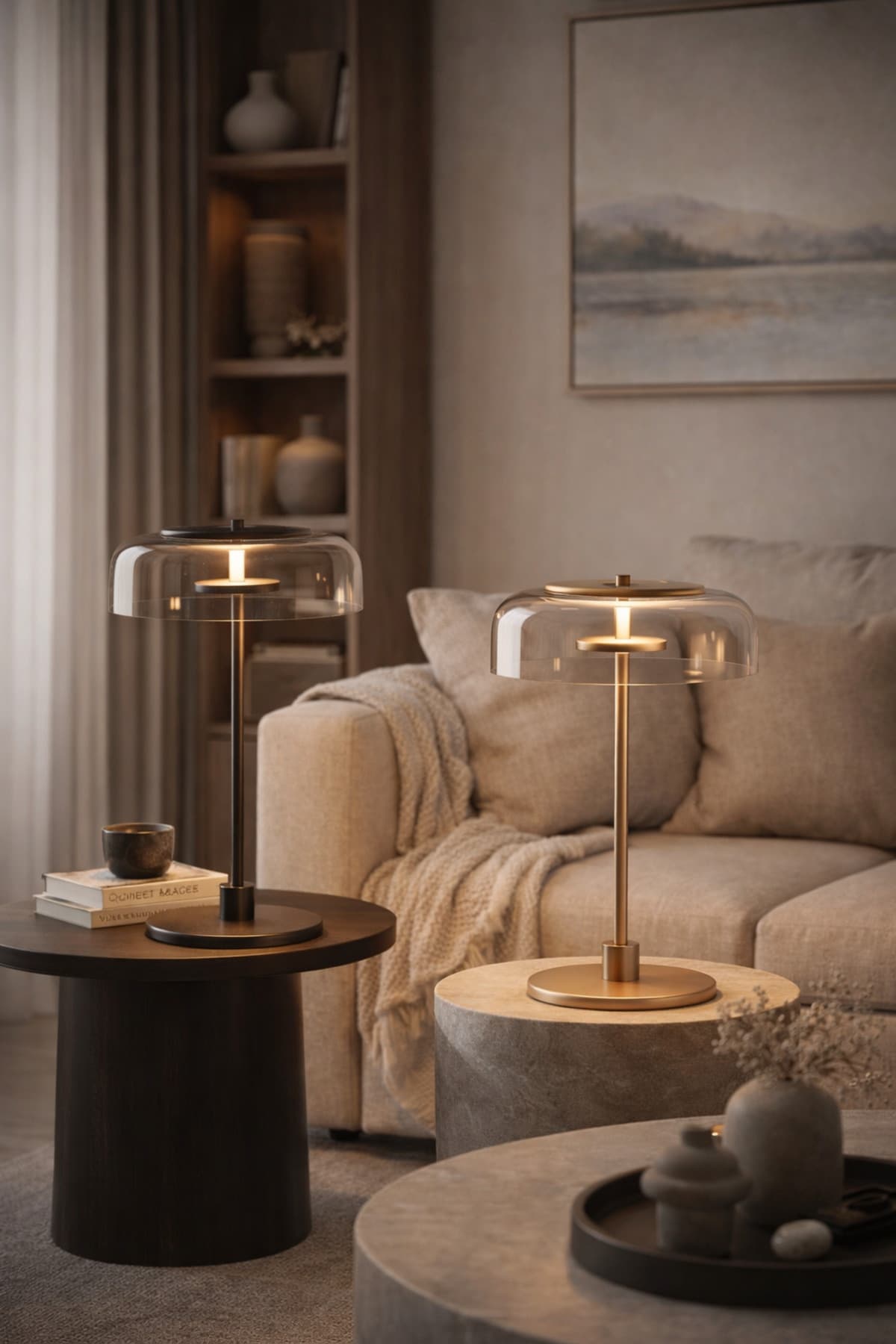 Modern Cam Şapkalı LED Masa Lambası | Gold & Siyah Metal Gövde | Dekoratif Abajur